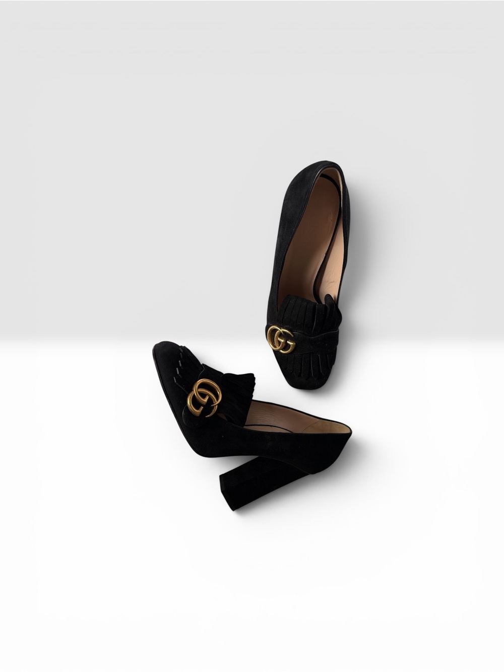 Gucci Authentic Black Suede Block Heel Loafers with Gold GG Accent - Picture 3 of 7